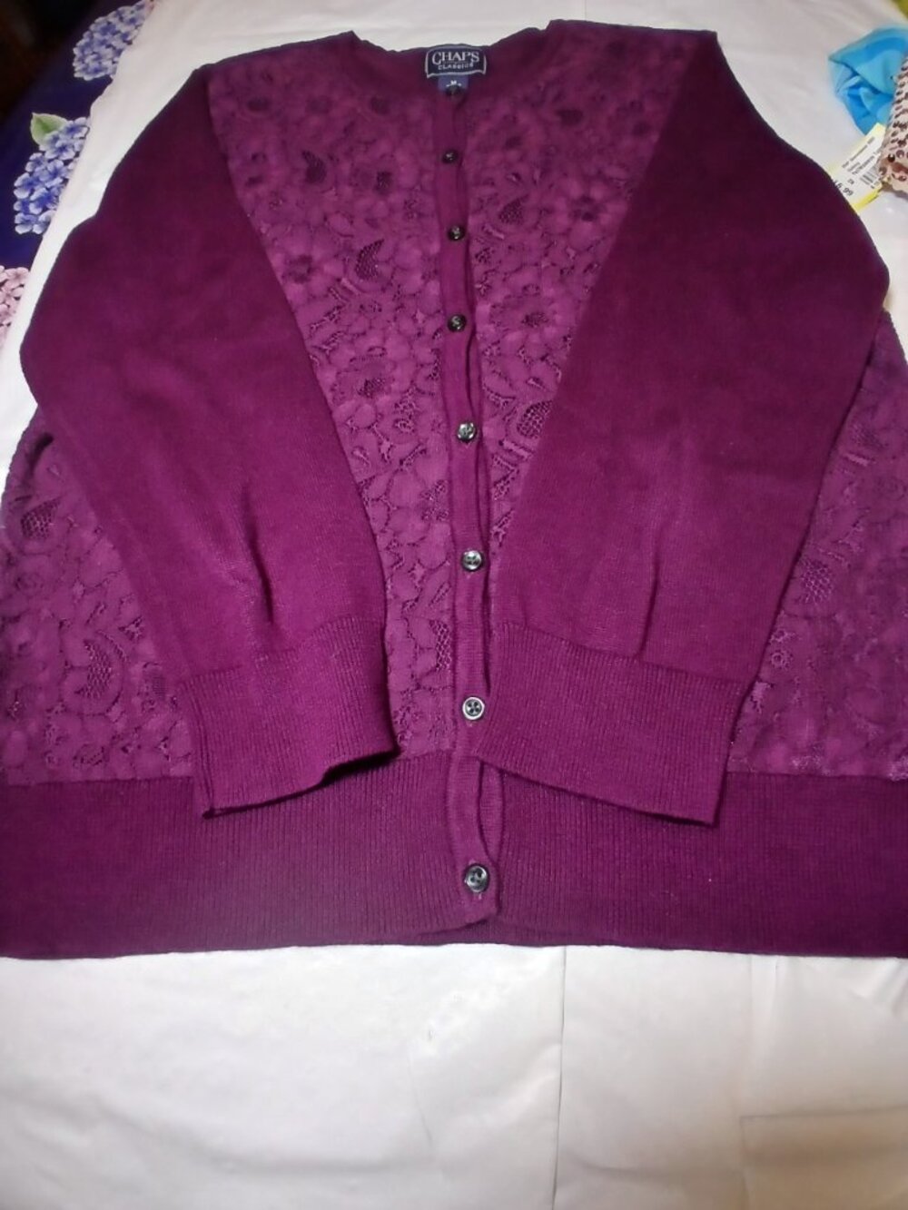 Chaps Women Lace Button Up Cardigan Sweater Size M